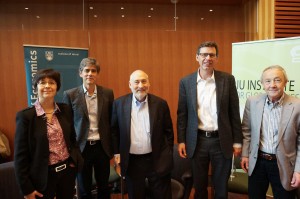 The Inequality Story panelists: Nobel Laureate Joseph Stiglitz (centre), with VSE Professors (from left) Nicole Fortin, VSE Director Thomas Lemieux, David Green, and Craig Riddell.